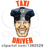 Cartoon Male Caucasian Cabbie Taxi Driver Face With Text