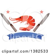 Poster, Art Print Of Shrimp With Knives Stars And A Blank Blue Banner