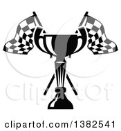 Clipart Of A Black And White Trophy And Crossed Checkered Racing Flags Royalty Free Vector Illustration