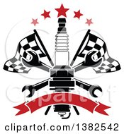 Clipart Of A Black And White Spark Plug Crossed Wrenches Blank Banner Red Stars And Checkered Racing Flags Royalty Free Vector Illustration