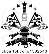 Clipart Of A Black And White Spark Plug Crossed Wrenches Blank Banner Stars And Checkered Racing Flags Royalty Free Vector Illustration