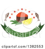 Bowl Of Red Caviar With Fish Stars And Lemon Over A Blank Banner
