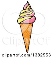 Clipart Of A Cartoon Strawberry And French Vanilla Waffle Ice Cream Cone Royalty Free Vector Illustration