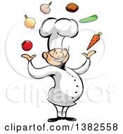 Cartoon Happy Asian Male Chef Juggling Produce