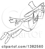 Clipart Of A Black And White St Patricks Day Leprechaun Flying Royalty Free Vector Illustration