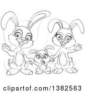 Poster, Art Print Of Black And White Cartoon Happy Bunny Rabbit Family Waving