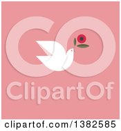 Poster, Art Print Of Flat Design White Dove Flying With A Flower For International Womens Day March 8th Over Pink