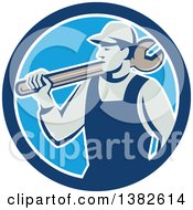 Poster, Art Print Of Retro Male Mechanic Holding A Giant Wrench Over His Shoulder In A Blue And White Circle