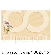 Poster, Art Print Of Cartoon Neanderthal Caveman Plumber Holding A Monkey Wrench Over His Shoulder And Tan Rays Background Or Business Card Design