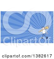 Poster, Art Print Of Cartoon White Male Plumber Holding A Giant Monkey Wrench Over His Shoulder And Blue Rays Background Or Business Card Design