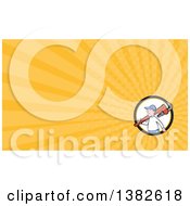 Clipart Of A Cartoon White Male Plumber Holding A Giant Monkey Wrench Over His Shoulder And Orange Rays Background Or Business Card Design Royalty Free Illustration