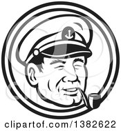 Clipart Of A Retro Black And White Sea Captain Smoking A Pipe In A Circle Royalty Free Vector Illustration