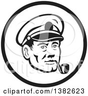 Retro Black And White Sea Captain Smoking A Pipe In A Circle