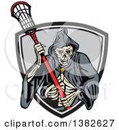 Clipart Of A Retro Grim Reaper Holding A Lacrosse Stick And Emerging From A Shield Royalty Free Vector Illustration by patrimonio