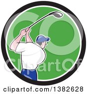 Poster, Art Print Of Rear View Of A Cartoon White Male Golfer Swinging In A Black White And Green Circle