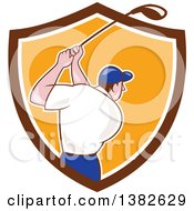 Clipart Of A Rear View Of A Cartoon White Male Golfer Swinging In A Brown White And Orange Shield Royalty Free Vector Illustration
