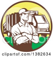 Retro Garbage Man And Truck In A Brown Yellow And Green Circle