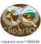 Poster, Art Print Of Retro Woodcut Jackrabbit Running In An Oval
