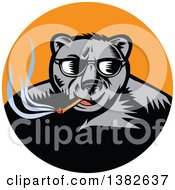 Poster, Art Print Of Retro Woodcut Black Bear Wearing Shades And Smoking A Cigar In An Orange Circle