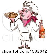 Poster, Art Print Of Sketched Pig Chef Holding A Pie And Bottle Of Wine