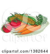Poster, Art Print Of Sketched Fresh Corn Carrots And Tomatoes