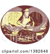 Poster, Art Print Of Retro Chef Making Tacos In A Brown And Yellow Oval