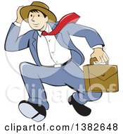 Poster, Art Print Of Retro Cartoon Businessman Holding On To His Hat And Running