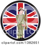 Poster, Art Print Of Cartoon British World War Ii Soldier Holding A Rifle Over A Union Jack Flag Circle