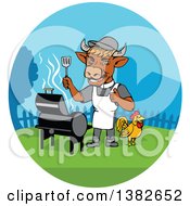 Poster, Art Print Of Cartoon Cow Chef Grilling In A Yard With A Chicken