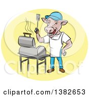Poster, Art Print Of Bbq Cow Chef Holding Up A Spatula By A Grill