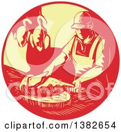 Poster, Art Print Of Retro Styled Male Asian Chef Or Butcher Chopping Meat In A Red And Yellow Circle