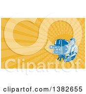 Clipart Of A Retro Blue Camera Man Filming And Orange Rays Background Or Business Card Design Royalty Free Illustration