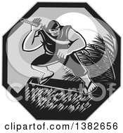 Clipart Of A Retro Grayscale Samoan Ninja With Samurai Sword On A Roof Top Against A Full Moon In A Hexagon Royalty Free Vector Illustration