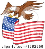 Poster, Art Print Of Cartoon Flying Bald Eagle Ready To Grasp An American Flag