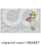 Poster, Art Print Of Cartoon Fireman With An Axe And Gray Rays Background Or Business Card Design