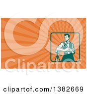 Poster, Art Print Of Retro Male Photographer With A Dslr Camera And Orange Rays Background Or Business Card Design