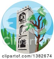 Retro Styled Medieval Bell Tower And Tree In A Circle