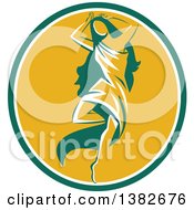 Clipart Of A Retro Woman Aphrodite Dancing A Pirouette In A Green White And Yellow Oval Royalty Free Vector Illustration