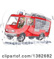 Poster, Art Print Of Watercolor Men In A Fast Fire Truck