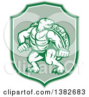 Poster, Art Print Of Retro Tough Turtle In A Fighting Stance Inside A Green And White Shield