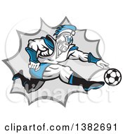 Clipart Of A Retro Centurion Roman Soldier Soccer Player Kicking Over A Gray Burst Royalty Free Vector Illustration by patrimonio