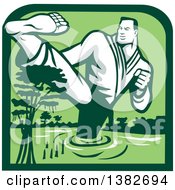 Poster, Art Print Of Retro Male Marital Arts Fighter Kicking And Wading In A Swamp Inside A Green Frame
