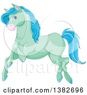 Poster, Art Print Of Cute Green And Blue Horse Running