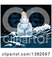 Alice In Wonderland Floating In A Bottle Against A Clock