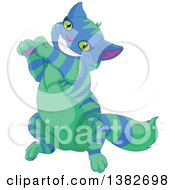 Poster, Art Print Of Grinning Striped Blue And Green Cheshire Cat Dancing