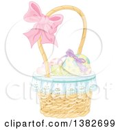 Basket Of Easter Eggs With A Bow On The Handle