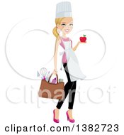 Poster, Art Print Of Blond Caucasian Chef Woman Carrying A Bag Of Utensils And Holding A Red Apple In One Hand