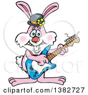 Clipart Of A Happy Pink Easter Bunny Rabbit Playing An Electric Guitar Royalty Free Vector Illustration