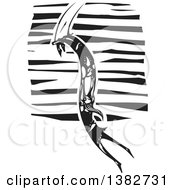 Clipart Of A Black And White Woodcut Couple Swinging On A Circus Trapeze Royalty Free Vector Illustration