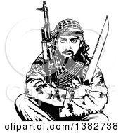 Black And White Terrorist Sitting With Weapons